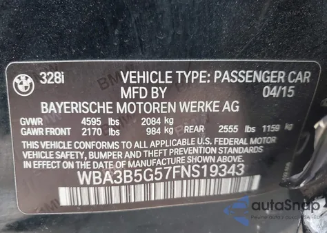 2015 BMW 328I xDrive from USA, damaged, VIN WBA3B5G57FNS19343